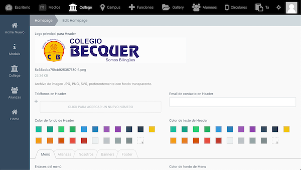 Web application powered by OctoberCMS for the complete administration of content, style, and structure for the Colegio Bécquer website.